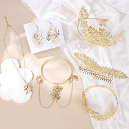 NICEIGHT 7Pcs Greek Goddess Costume Accessories for Women Gold Greek Leaf Crown Upper Arm Cuff Artificial Leaf Drop Earrings Necklace Golden Laurel Leaf Bridal Hair Comb for Wedding Cosplay Party - color: Gold-A
