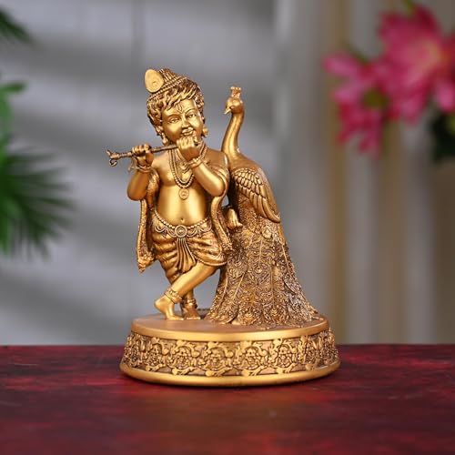 Artarium Baby Krishna Idol 7.8 Inch, Handmade Bal Laddoo Gopal Krishna Statue with Flute & Peacock, Lord Krishna Murti for Home Temple, Mandir Pooja Room, Meditation Altar, Spiritual Gift for Indian - color: #1 Bal Krishna Idol