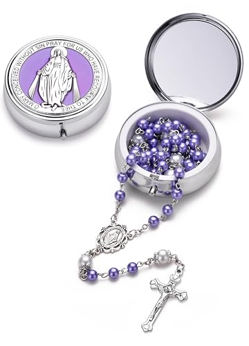 Rosary for Women with Case and 18pcs Prayer Cards, First Communion Gifts for Girls, Glass Pearl Beads and Virgin Mary Medal, Catholic Gifts - color: Purple