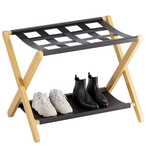 HITNET Luggage Rack, Folding Suitcase Stand for Guest Room, Bamboo Luggage Holder with Storage Shelf for Hotel Bedroom, Natural - color: Natural