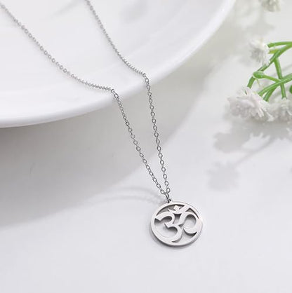 Women OM Necklace Indian Yoga Aum Om Ohm Pendant Necklace Stainless Steel Hindu Meditation Charm Sanskrit Symbol Spiritual Amulet Jewelry for Women Men - color: Sliver