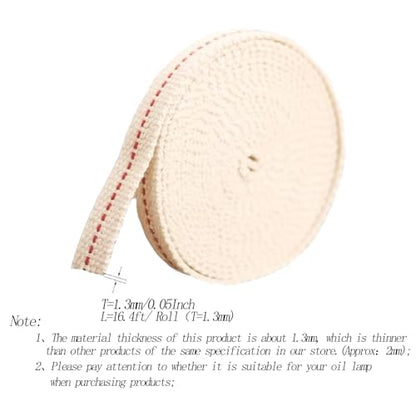 1/2" Inch Lamp Wick or Lantern Wick -Flat Cotton Oil Wicks for Hurricane Lamp or Kerosene Based Lanterns and Candle Burners，Red Stitch 16.4ft/ Roll（T=1.3mm） - size: 1/2-L5-1.3mm