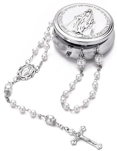 Rosary for Women with Case and 18pcs Prayer Cards, First Communion Gifts for Girls, Glass Pearl Beads and Virgin Mary Medal, Catholic Gifts - color: White