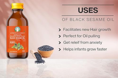AYURVEDASHREE Black Sesame Oil 3.38 fl oz., Cold Pressed Oil, Extracted on Wooden Churner with Traditional Method, 100% Pure & Natural, No GMO, Untreated and Unrefined, for Cooking & Flavor Enhancer.