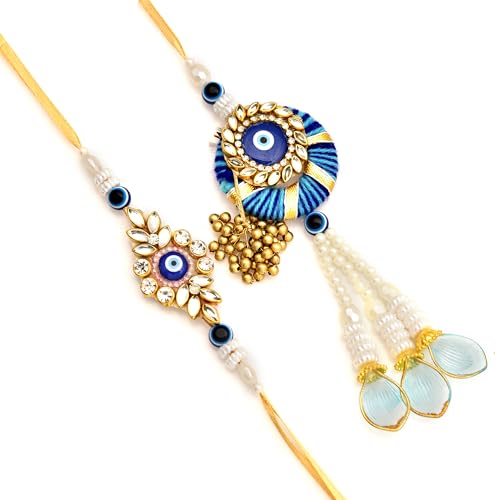 Premium Designer Bhaiya Bhabhi Rakhi Set with Lumba, Greeting Card, Roli Chawal & Fridge Magnet - color: Design-5