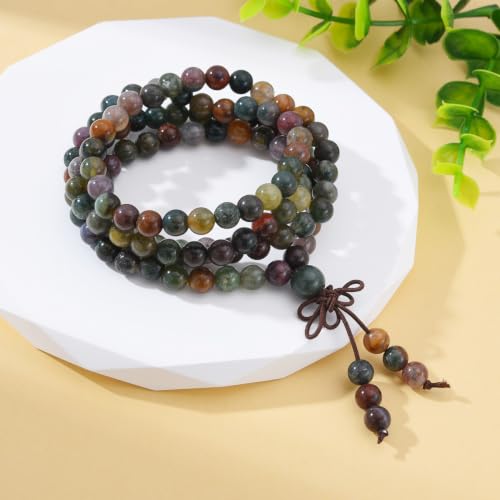 108 Mala Beads Stretch Bracelet 6mm Natural Gemstone Prayer Beaded Necklace - color: Indian Agate