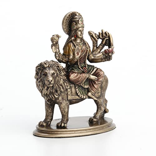 Veronese Design 3 3/4" Hindu Goddess Durga Riding on Lion Miniature Statue Resin Hand Painted Figurine