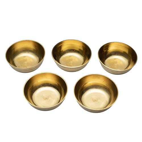 Aditri Creation Set of 5 Decorative Pooja Bowls Multipurpose Pooja Small Brass Katori Prasad Bowls Pooja Articles Indian Traditional Festival Housewarming Puja Decoration Items (Size :- 2" Inches)