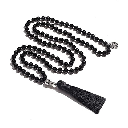 108 Mala Prayer Beads Necklace Natural Stones Meditation Yoga Jewery 108 Hand Knotted Japa Mala Beaded Long Tassel Necklace with Tree of Life Pendant for Men and Women - color: 8mm Black Onyx