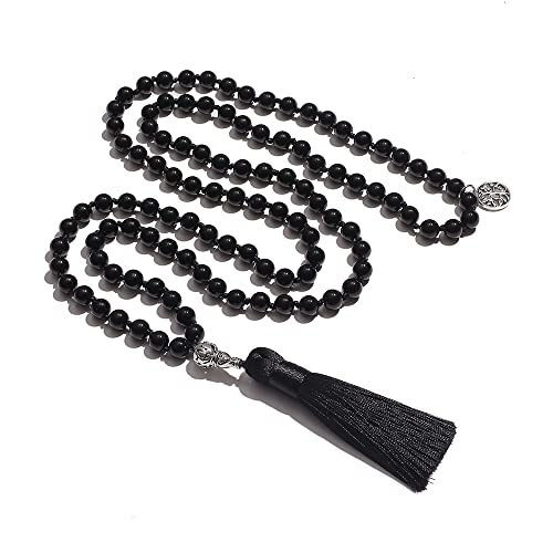 108 Mala Prayer Beads Necklace Natural Stones Meditation Yoga Jewery 108 Hand Knotted Japa Mala Beaded Long Tassel Necklace with Tree of Life Pendant for Men and Women - color: 8mm Black Onyx