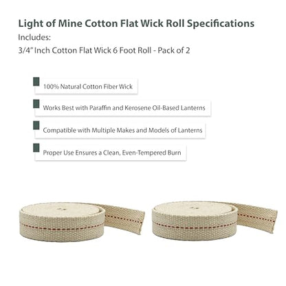 Light of Mine - 3/4" Inch 6' Foot, 100% Cotton Flat Wick - 2 Pack, for Paraffin Oil, Kerosene Based Lanterns, and Oil Lamps with Genuine Red Stitch (3/4" - 6' Roll, 2 Pack) - size: 3/4" 6 foot - 2 Pack