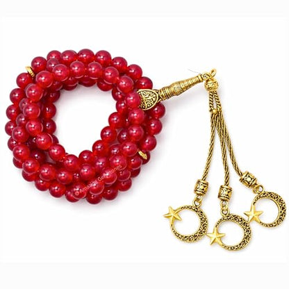 Amazing Gemstone Crystal Tasbeeh with Moon and Star Charm - Certified Crystal Muslim Prayer Beads Natural Gemstone Tasbih Gift for Ramadan Dhikr and Daily Namaz (G) - color: Ruby Jade (dye)