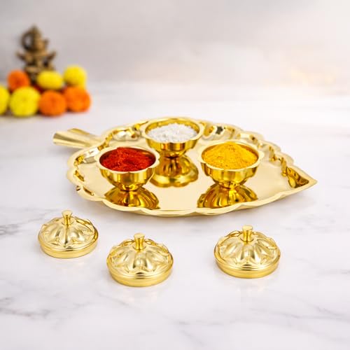 Spillbox Brass 3 Leaf Bowl Pooja Thali | Traditional Handcrafted Thali Holder with Lid for Mandir & Home | Roli, Chawal | Pooja Item Gift for Diwali, Navratri - 3 Leaf Bowl - Small