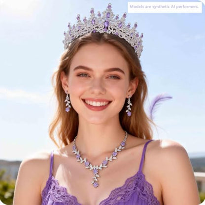 Kamirola Tiaras and Crowns for Women,Tiaras Earrings Necklace, Crystal Bridal Jewelry Set (TR48) - color: Silver Purple