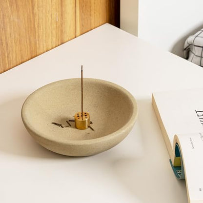 Koville Natural Marble Incense Holder, Incense Holder for Sticks with 9 Holes, Handmade Incense Burner Ash Catcher for Meditation Yoga SPA, Balsam Fir/Palo Santo/Sage/Cone (Sandstone-Brown) - color: D=150-sandstone