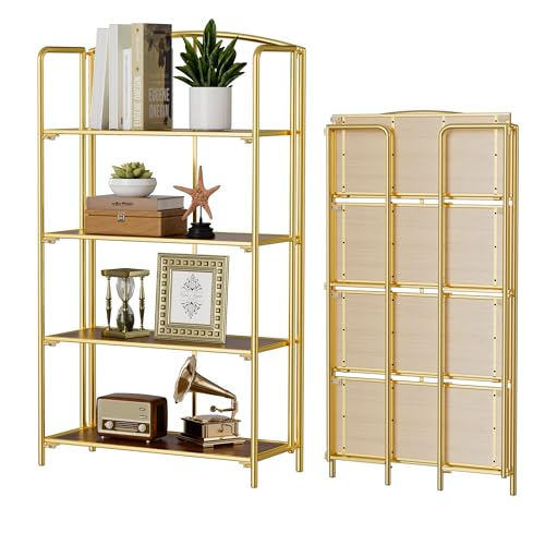 Crofy 4-Tier Wider Foldable Bookshelf, Gold Frame & Walnut Shelves - color: Gold Frame & Walnut Shelf, size: 4 Tier Wider