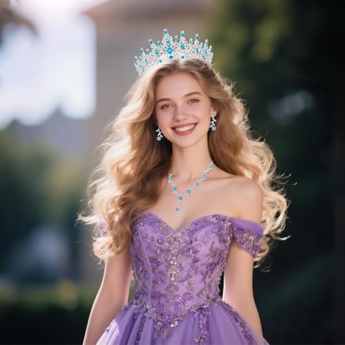 Kamirola Tiaras and Crowns for Women,Tiaras Earrings Necklace, Crystal Bridal Jewelry Set (TR48) - color: Silver Lack Blue