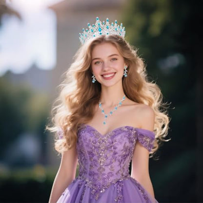 Kamirola Tiaras and Crowns for Women,Tiaras Earrings Necklace, Crystal Bridal Jewelry Set (TR48) - color: Silver Lack Blue