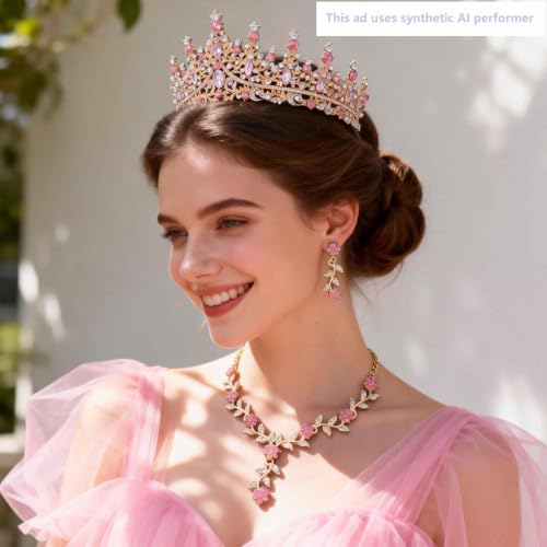 Kamirola Tiaras and Crowns for Women,Tiaras Earrings Necklace, Crystal Bridal Jewelry Set (TR48) - color: Gold Pink