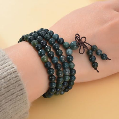 108 Mala Beads Stretch Bracelet 6mm Natural Gemstone Prayer Beaded Necklace - color: Moss Agate