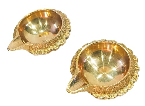 athizay Brass Diyas Pack of 2 for Pooja Virgin Brass Indian Diya Set Oil lamp Sets for Gifting Home Decor Vilakku (Kuber Diya Set 2)