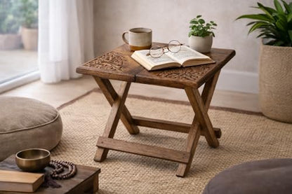 Tribe Azure Fair Trade Small Altar Table, Meditation Altar, Puja, Wood Wiccan Altar Table Buddhist, Tea Japanese, Small Low Side Table Dragon (Folding Small Floral) - size: Small Folding Floral