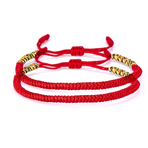 COLORFUL BLING Handmade Weave Tibetan Buddhist Woven Knots Bracelets Mens Womens Lucky Red String Bracelets for Protection Jewelry - color: 2pcs Colorful red