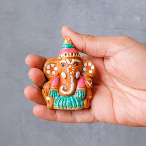 Desi Favors Terracotta Ganesha Murti | Hindu Lord Ganesha Idol Statue | Diwali Gifts Small Ganesh for Car Dashboard Decor | Indian God Figurine Home Mandir Pooja Wedding Gift - 3x2.5 Inch (Pack of 1) - style: Terracotta Ganesha Murti