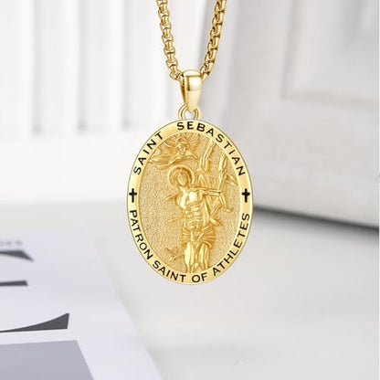 Silver/14K Gold Patron Saint Medal Amulet Necklace for Men Women - color: Gold, style: 25A-St Sebastian Runner