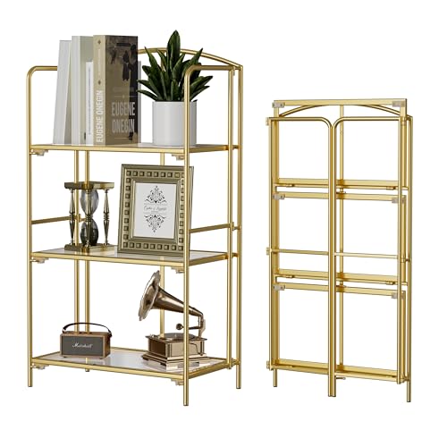 Crofy 3-Tier Foldable Bookshelf, Gold Frame & Transparent Shelves - color: Gold Frame & Transparent Shelf, size: 3 Tier