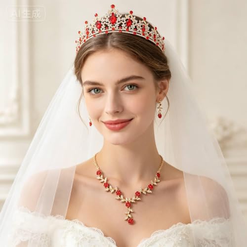 Kamirola Tiaras and Crowns for Women,Tiaras Earrings Necklace, Crystal Bridal Jewelry Set, Costume Party Halloween Prom Pageant Jewelry for Women(TR45) - color: Gold Red