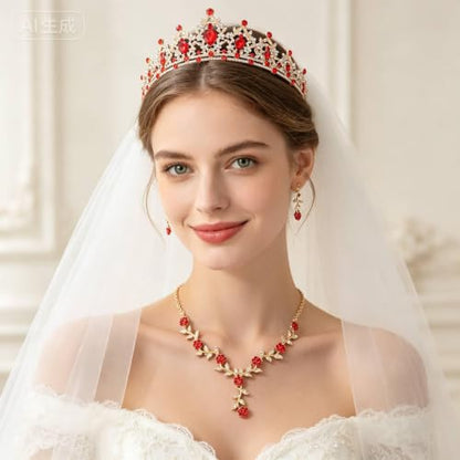 Kamirola Tiaras and Crowns for Women,Tiaras Earrings Necklace, Crystal Bridal Jewelry Set, Costume Party Halloween Prom Pageant Jewelry for Women(TR45) - color: Gold Red