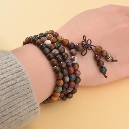 108 Mala Beads Stretch Bracelet 6mm Natural Gemstone Prayer Beaded Necklace - color: Picasso Jasper