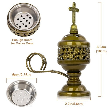 1 PCS Catholic Church Incense Holder with Cross Lid, Home&Altar Incense Burner, Charcoal Censer Incense Burner, Unique Meditation Gift, Frankincense Resin Bakhoor Burner (Bronze)