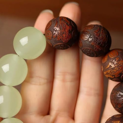 Pear Wood Buddha Beads Mala Bracelet Hand Carved Wooden Beads with Luminous Jade Lucky Charms Wealth Attracting Buddhist Prayer Bracelet for Men and Women Healing Energy Running Ring - color: Brown and green