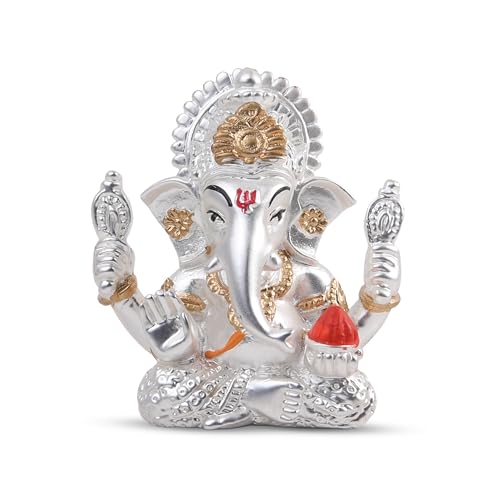 Meezo Hindu Lord Ganesha Idol Statue 999 Silver Plated - 2.2-Inch Small Ganesh Indian God Home Mandir Murti, Pooja, Office Desk Car Decor | Diwali, Wedding & Return Gifts (2.2"(INCH)) - size: 2.2"(INCH)