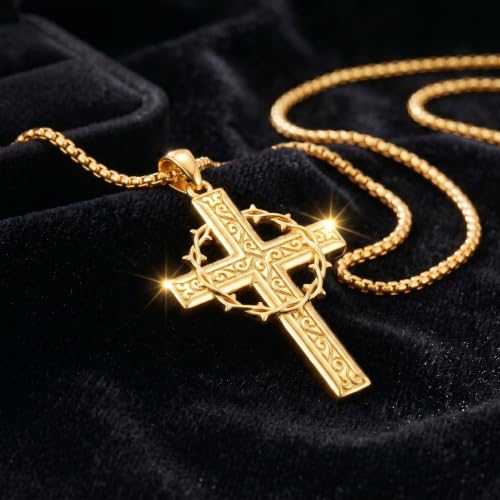 ROMANTICWORK Cross Pendant Necklace 14k Gold Plating Christian Crucifix Necklace Religious Confirmation Jewelry Gifts for Men Women - color: Crown of Thorns Cross