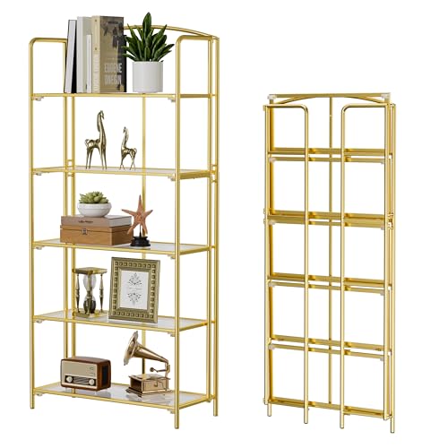 Crofy 5-Tier Wider Foldable Bookshelf, Gold Frame & Transparent Shelves - color: Gold Frame & Transparent Shelf, size: 5 Tier Wider