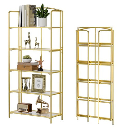 Crofy 5-Tier Wider Foldable Bookshelf, Gold Frame & Transparent Shelves - color: Gold Frame & Transparent Shelf, size: 5 Tier Wider