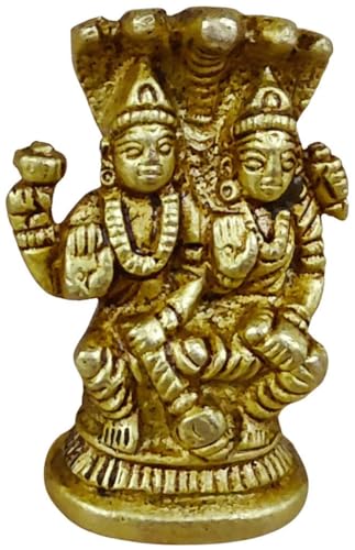 2.25 Inches Solid Brass Laxmi Narayan Murti | Lord Vishnu & Goddess Lakshmi Seated on Shesh Nag in Blessing Pose | Small Idol for Home Temple, Puja Room & Diwali Gift - size: Laxmi-Narayan