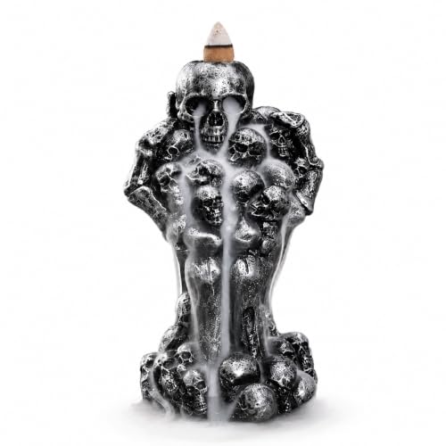 Resin Skull Reaper Backflow Incense Burner, Silver Gothic Skeleton Tower with Creepy Hands & Smoke Waterfall Incense Holder +20 Incense Cones +1 Tweezer/Mat for Aromatherapy & Home Halloween Décor - color: Skulls Incense-silver