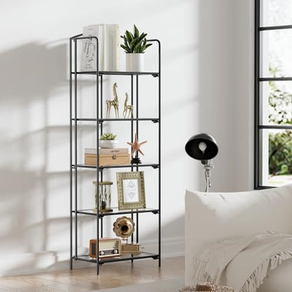 Crofy 5-Tier Foldable Bookshelf, Black Frame & Transparent Shelves - color: Black Frame & Transparent Shelf, size: 5 Tier