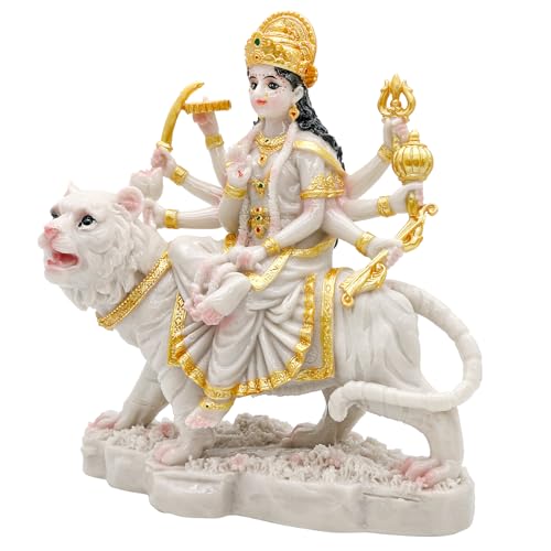 alikiki Durga MATA Idol Statue– 8.5” Marble Color Hindu Goddess Durga on Tiger Sculpture India Diwali Gifts Home Office Temple Mandir Altar Pooja Murti Item Deepavali Gifts for Indian