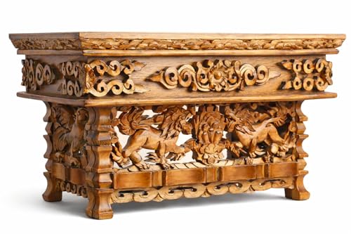Tribe Azure Fair Trade Small Snow Lion Altar Table, Hand Carved Wooden Table with Majestic Garuda, 16 in x 9 in x 9 in - size: Small Snow Lion