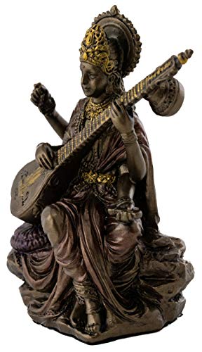 Top Collection Mini Saraswati Statue - Hindu Goddess of Knowledge, Music, Arts, and Wisdom Sculpture in Premium Cold Cast Bronze - 3-Inch Collectible Figurine (Sm. Saraswati) - size: Sm. Saraswati