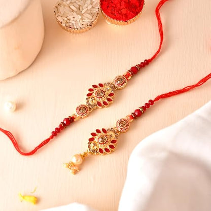 Premium Designer Bhaiya Bhabhi Rakhi Set with Lumba, Greeting Card, Roli Chawal & Fridge Magnet - color: Design-1