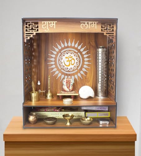 Wooden Hindu Pooja Mandir Temple with Om Sun Backpanel, Shubh Labh Carvings, Lattice Side Panels, and Storage Shelf