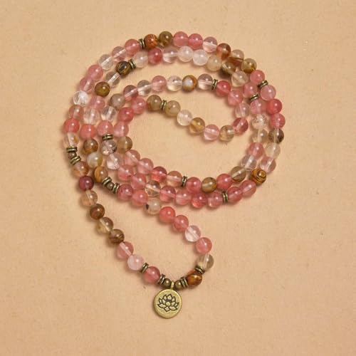 108 Natural Stone Mala Beads Yoga Bracelet with Lotus Charm - style: Watermelon Tourmaline