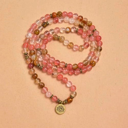 108 Natural Stone Mala Beads Yoga Bracelet with Lotus Charm - style: Watermelon Tourmaline