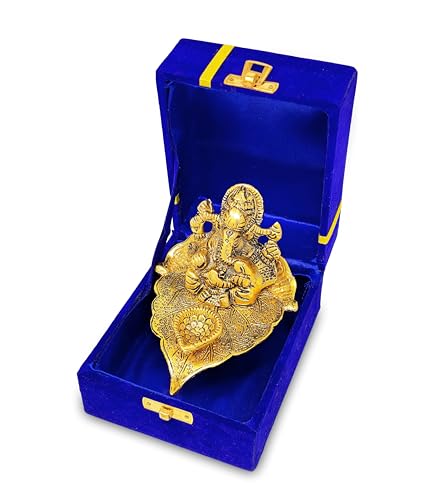 NOBILITY Gold Ganesha on Leaf Statue with Diya Oil Lamp Idol with Blue Gift Box Pooja Items Diwali Decoration Puja Gifts Handmade Oil Lamp Traditional Indian Deepawali Gift Items - color: Ganesh Diya Gold with Blue Box, size: Pack of 1